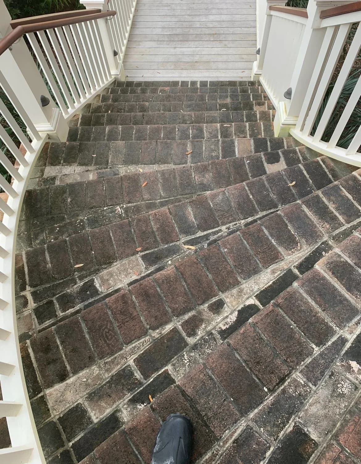 Brick porch walkway covered in black algae and grime before pressure washing